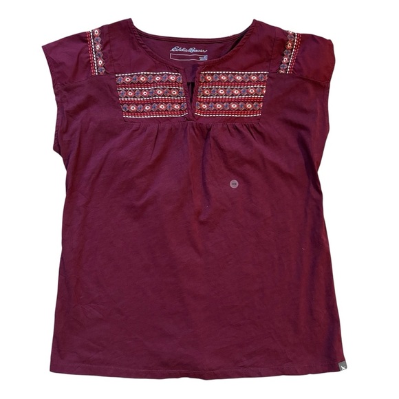 Eddie Bauer Tribal Embroidered Cotton Cap Sleeve T-shirt Boho Maroon Wine XS NEW - Picture 1 of 10